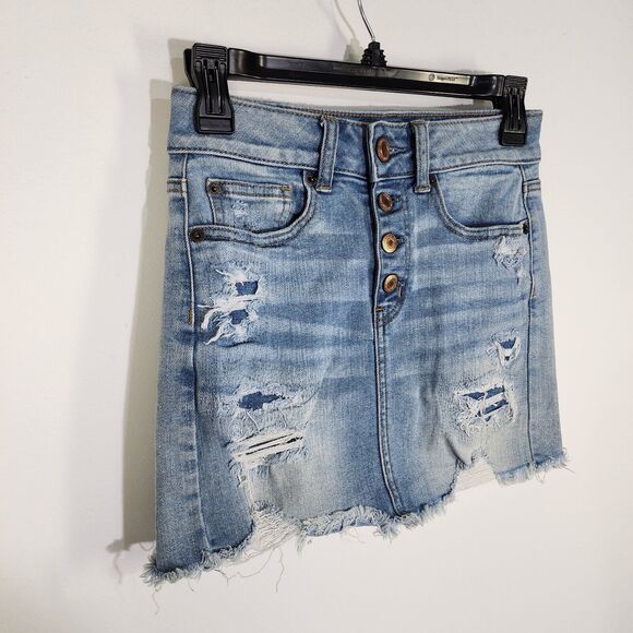 American Eagle Womens Skirt 0 Reg Denim Button Fly Hi-Rise Mini Distressed Blue - Picture 4 of 8